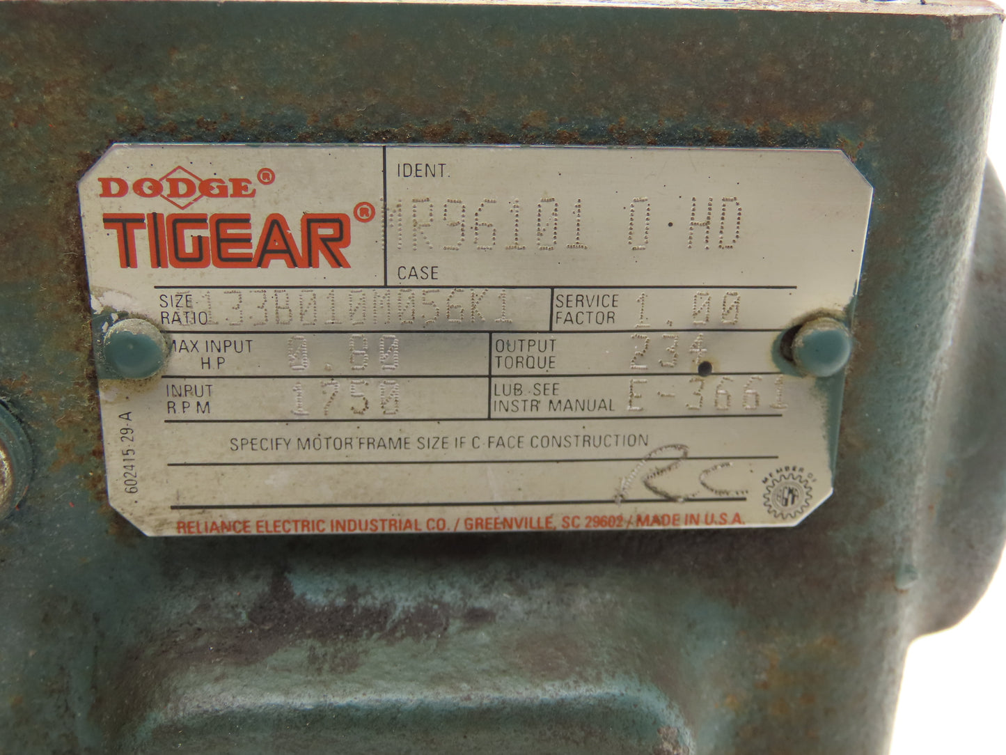 Dodge Tigear Q133B010M056K1 Worm Gearbox 10:1 Reducer .8Hp 175rpm 56C LH