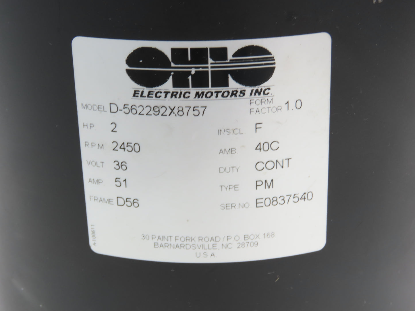 Ohio Electric Motors D-562292X8757 Hydraulic Pump & Motor 36VDC Off PLR-100