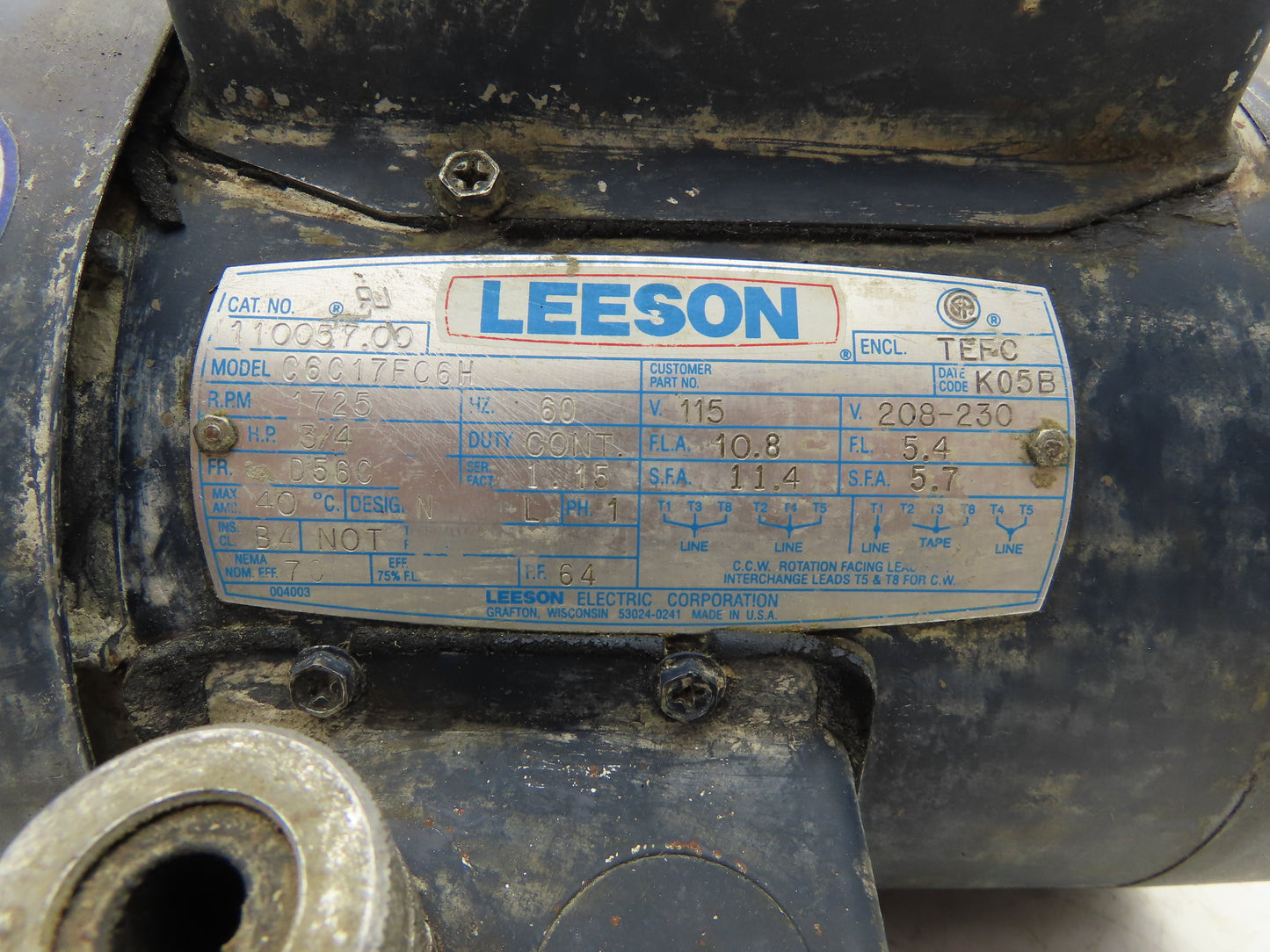 Leeson 110057.00 C6C17FC6H AC Motor 3/4Hp 1725 RPM 115/230V 1PH D56C TEFC