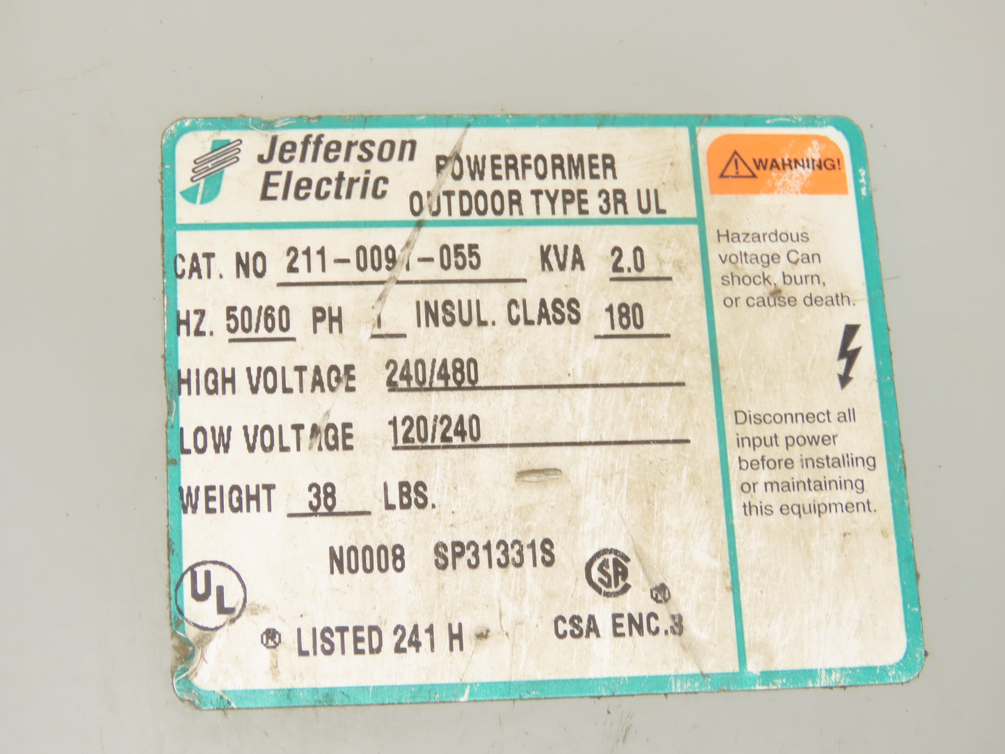 Jefferson 211-0091-055 Powerformer Transformer 1PH 2KVA 240/480HV 120/240LV 3R
