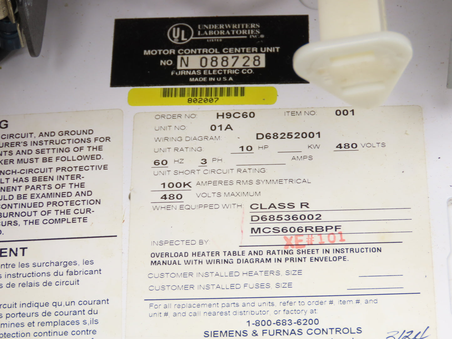 Furnas H9C60 Combination Motor Starter Bucket 10Hp 480V 3ph Size 1 D68252001