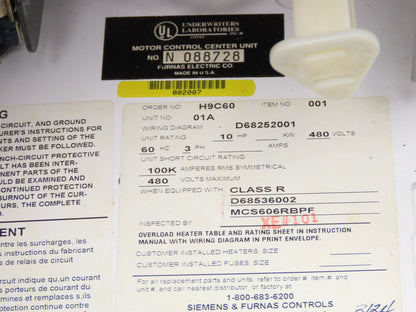 Furnas H9C60 Combination Motor Starter Bucket 10Hp 480V 3ph Size 1 D68252001