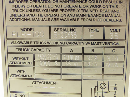 Rico 33101101 Hydraulic Tank Assembly 2.5 Liter Off Rico PLR-100 Platform Truck