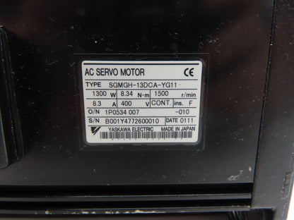 Yaskawa SGMGH-13DCA-YG11 AC Servo Motor 1300W 8.34Nm 1500 RPM Encoder 22mm Shaft