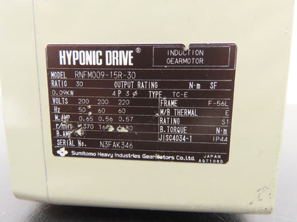 Sumitomo Hyponic Drive RNFM009-15R-30 Gearmotor 30:1 Ratio 56rpm 230V 3PH RH