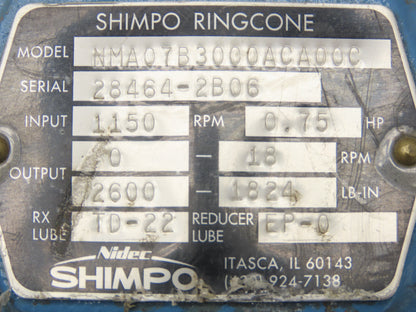 Nidec Shimpo RXC-750 Ringcone Inline Gearbox 0-18 RPM Adjustable Speed .75Hp 56C