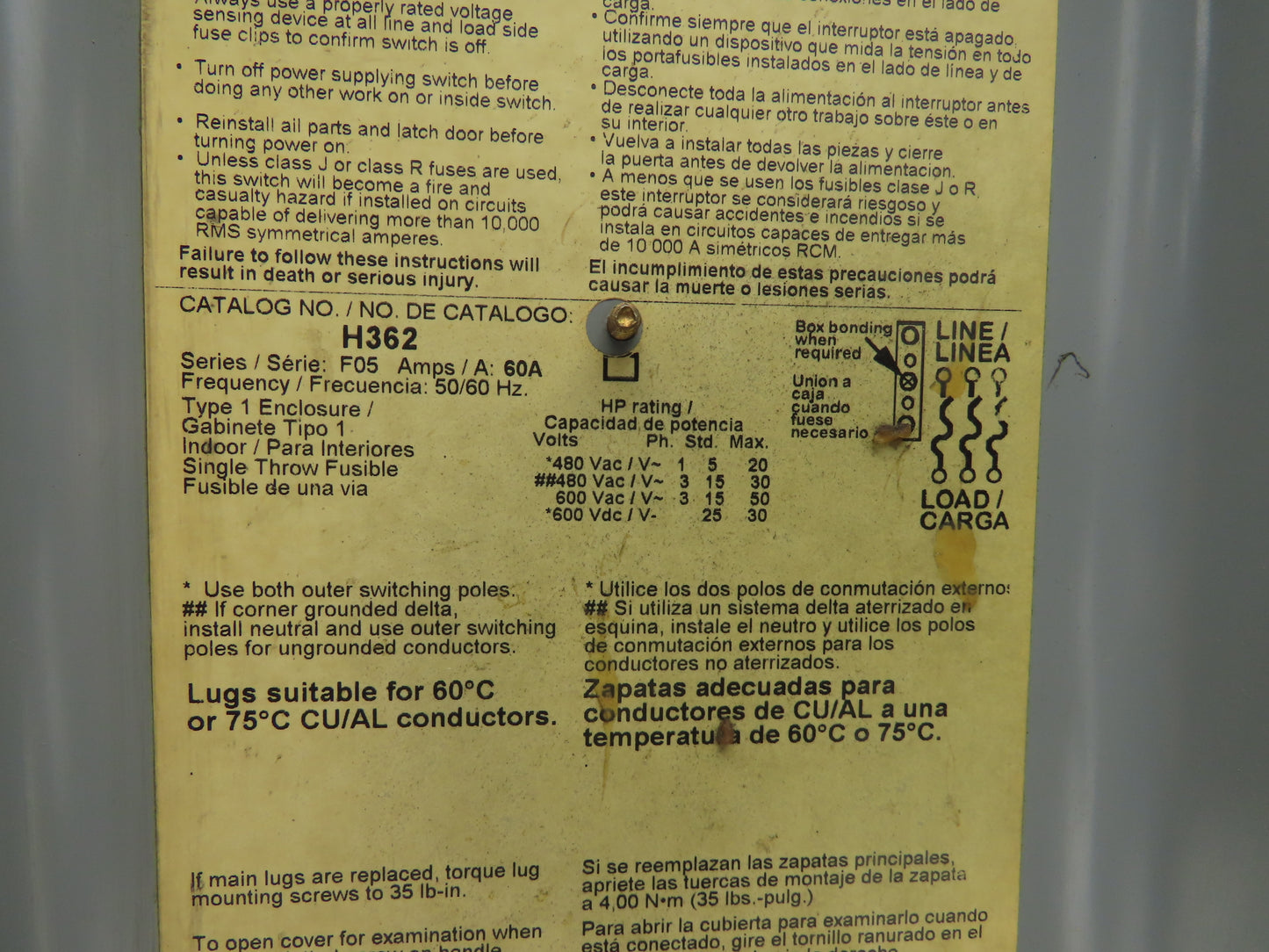 Square D H362 Heavy Duty Fused Safety Disconnect Switch 60A 600VAC Series F1