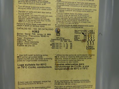 Square D H362 Heavy Duty Fused Safety Disconnect Switch 60A 600VAC Series F1