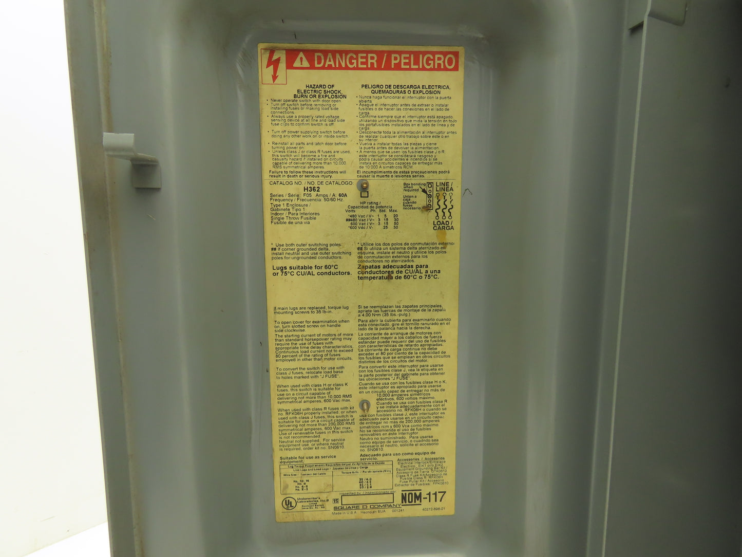 Square D H362 Heavy Duty Fused Safety Disconnect Switch 60A 600VAC Series F1