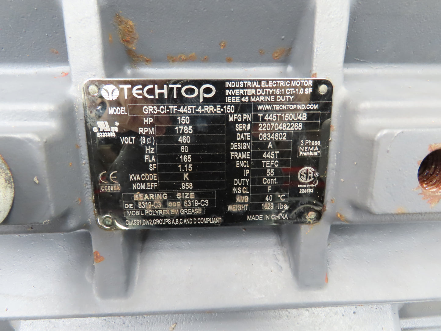 Techtop GR3CITF445T4RRE150 AC Motor 150Hp 1785rpm 460V 3Ph 445T TEFC