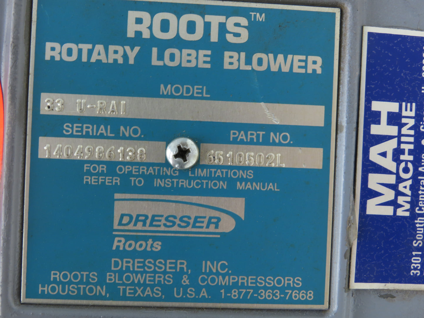 Roots Dresser 33 URAI 2" Rotary Positive Displacement Blower 195 CFM 3600 RPM