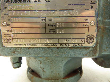 Sew-Eurodrive SA37TAM56 Gearbox for Gearmotor 51.3:1 Reducer 34rpm Hollow 56C