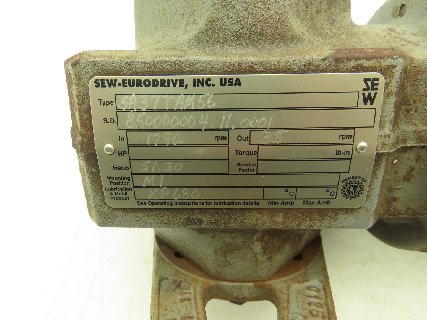 Sew-Eurodrive SA37TAM56 Gearbox for Gearmotor 51.3:1 Reducer 34rpm Hollow 56C