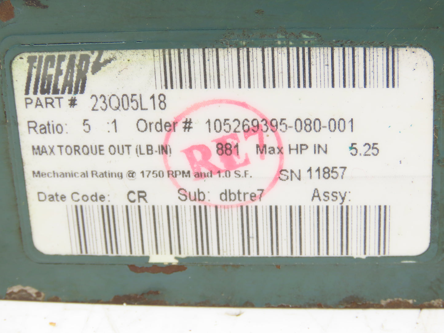 Dodge 23Q05L18 Tigear 2 Worm Gearbox 5:1 Reducer 350rpm 5.25Hp LH 180TC