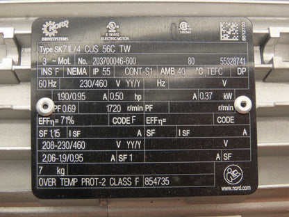 Nord Gearmotor 30:1 Reducer 0.5Hp 57rpm 230/460V 3PH 56C Hollow Shaft