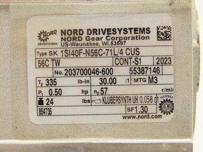 Nord Gearmotor 30:1 Reducer 0.5Hp 57rpm 230/460V 3PH 56C Hollow Shaft