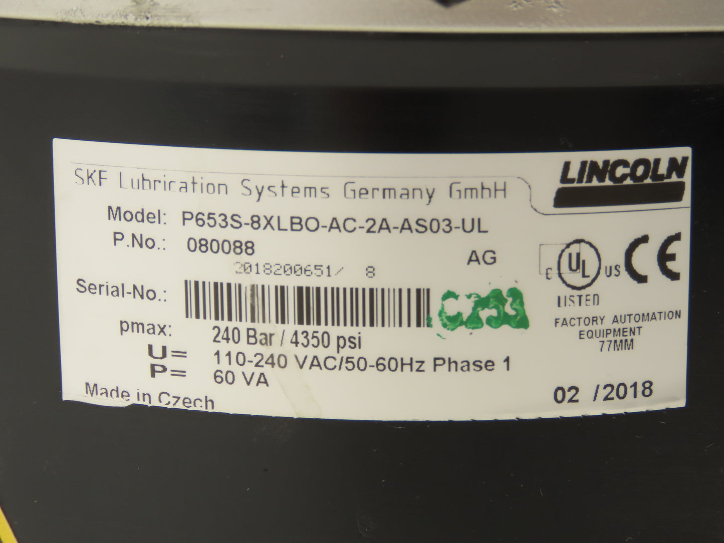 Lincoln 080088 P653S Electric Grease Lubricator Pump 120VAC 8-Liter