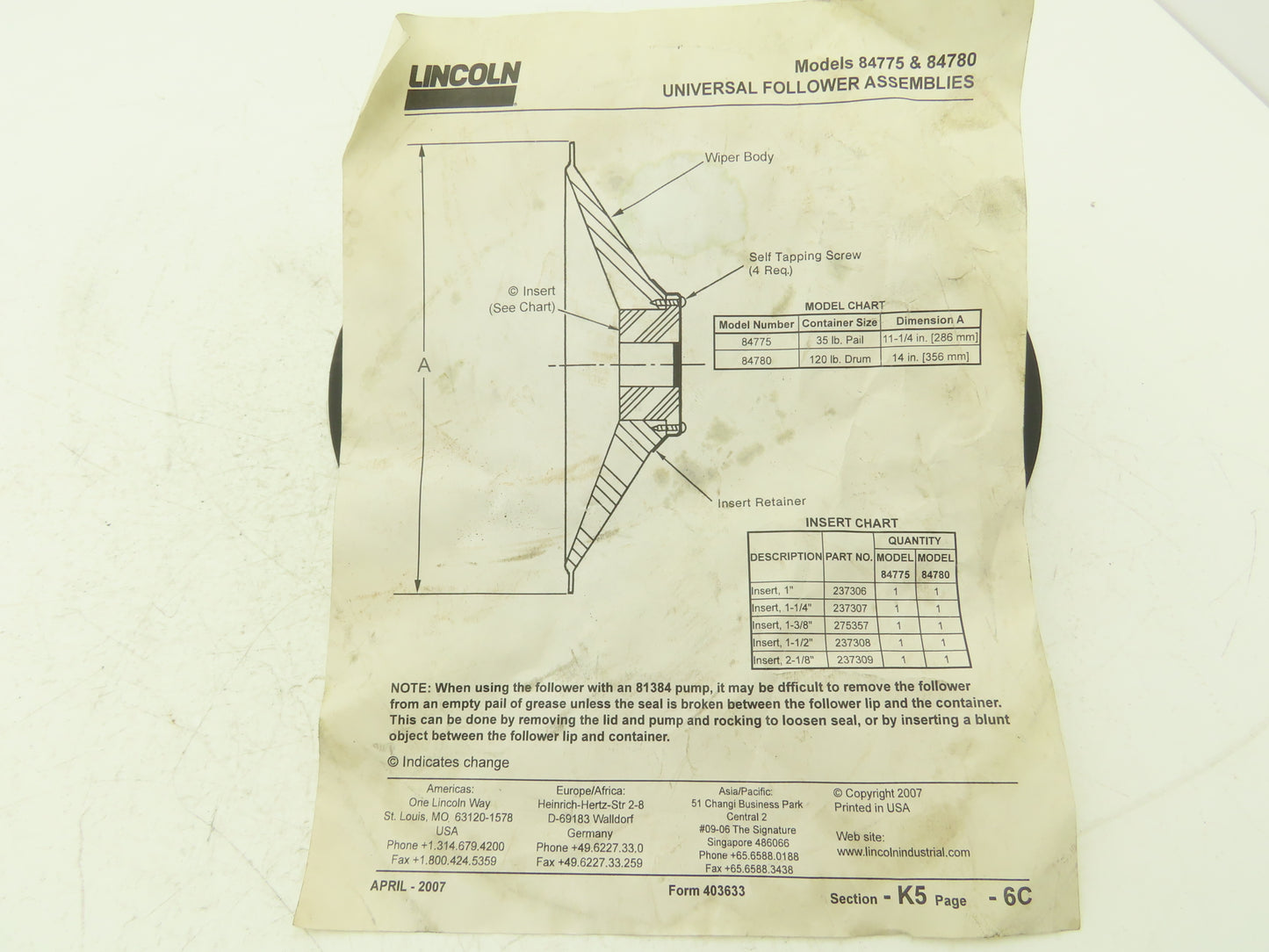 Lincoln 84775 Grease Pump Follower Plate 35Lb Pail 11-1/4" Diameter
