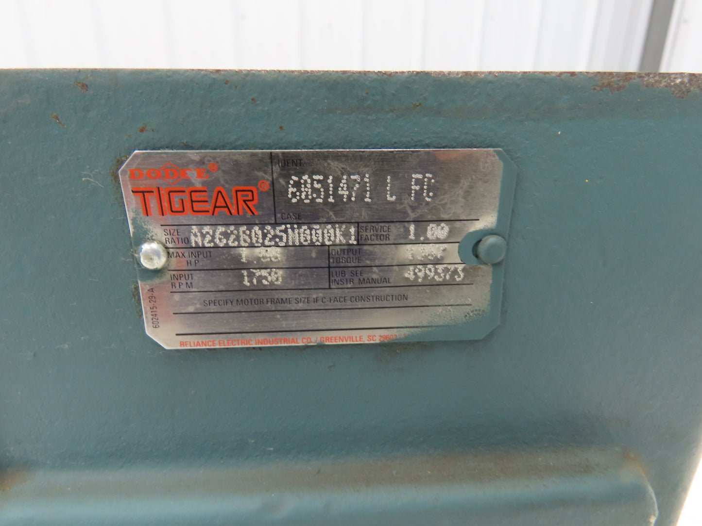 Dodge A262B025N000K1 Tigear Worm Gearbox 25:1 Reducer 70rpm 1.88Hp LH 56C