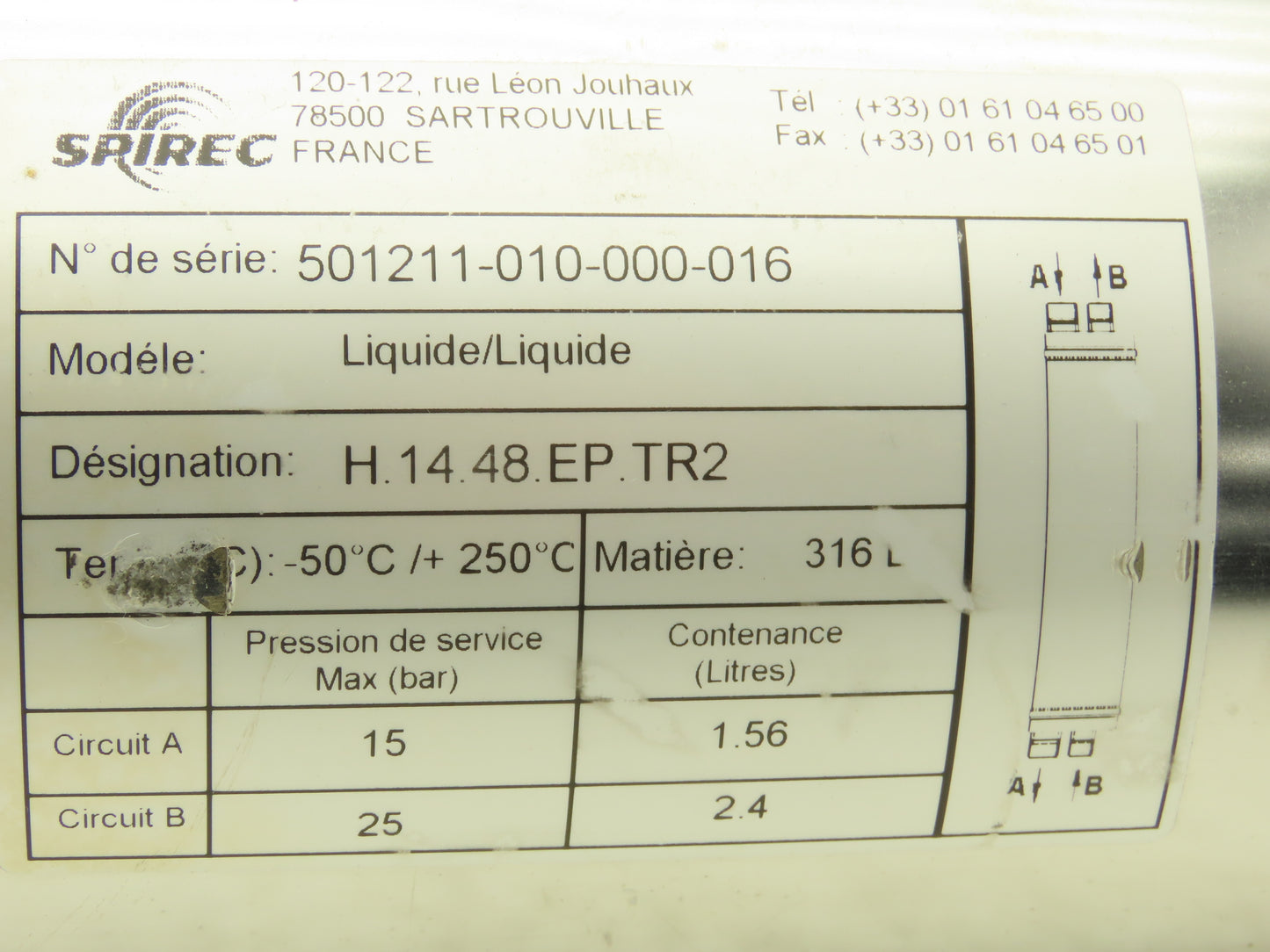 Spirec H.14.48.EP.TR2 Stainless Spiral Plate Heat Exchanger 3/4"x 1-1/4"BSP