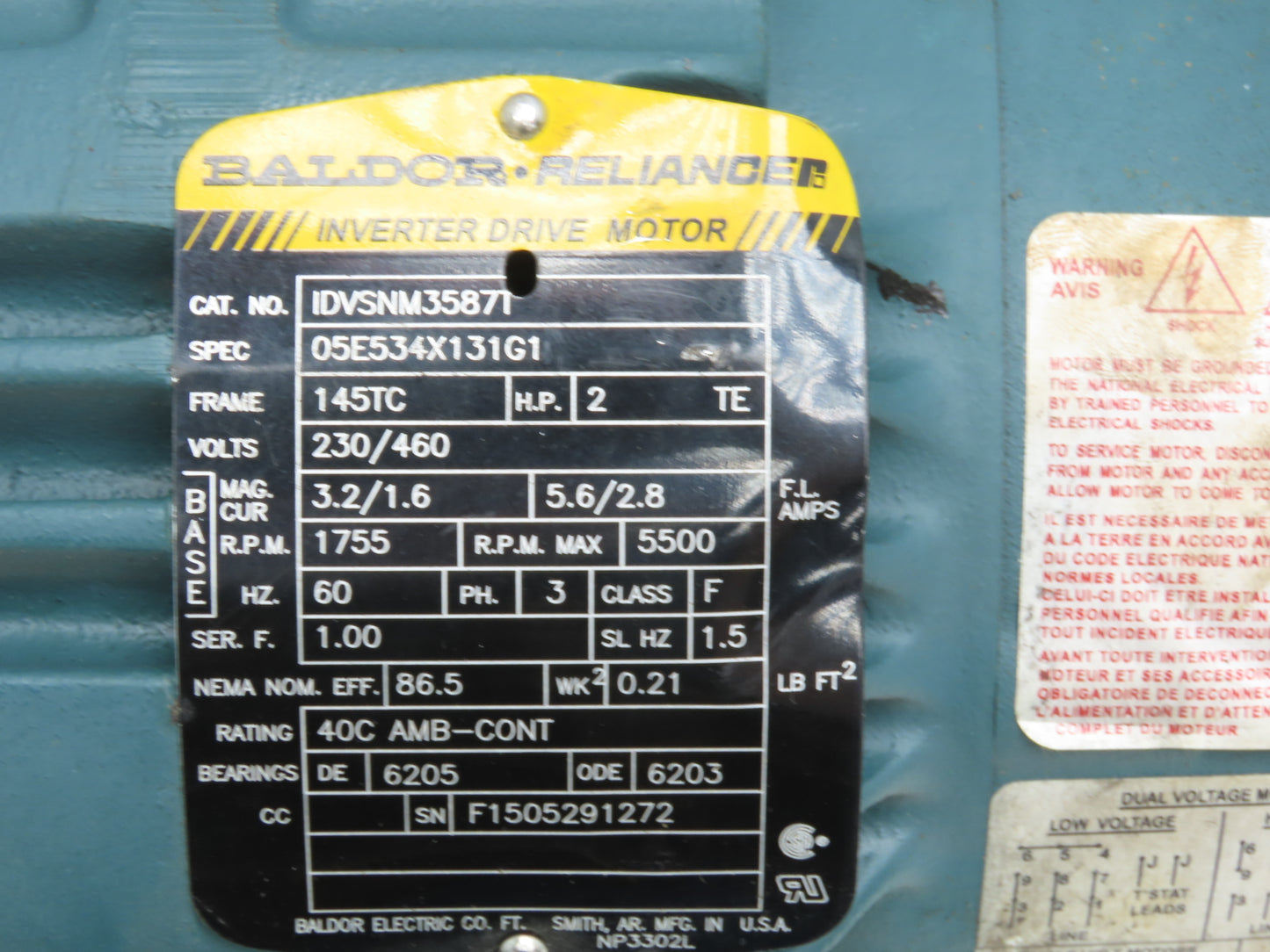 Baldor IDVSNM3587T Inverter Drive AC Motor 2Hp 1755rpm 230/460V 3PH 145TC