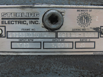 Sterling Electric 2325BQ030143 Worm Gearbox 30:1 Reducer 3Hp 58rpm 140TC RH
