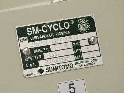 Sumitomo SM Cyclo Gearmotor 5:1 Ratio 350rpm 1Hp 240/480V 3PH 80M TC-FXPA