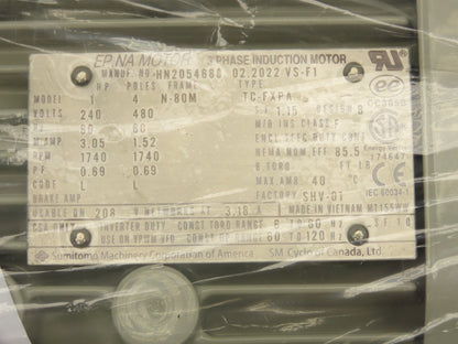 Sumitomo SM Cyclo Gearmotor 10:1 Ratio 175rpm 1Hp 240/480V 3PH 80M TC-FXPA
