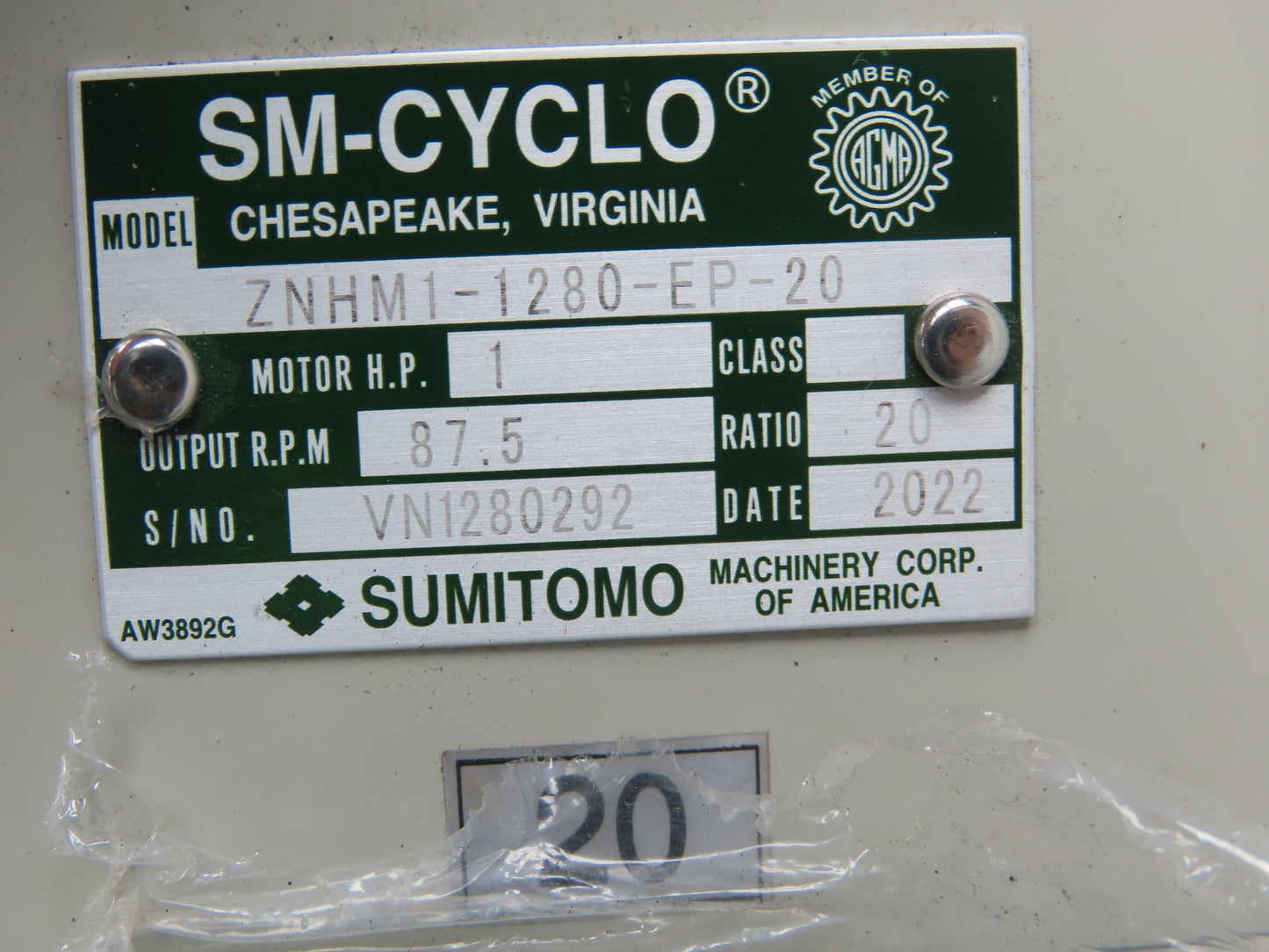 Sumitomo SM Cyclo Gearmotor 20:1 Ratio 87.5rpm 1Hp 240/480V 3PH 80M TC-FXPA