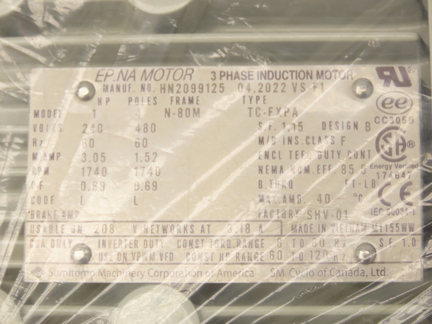 Sumitomo SM Cyclo Gearmotor 20:1 Ratio 87.5rpm 1Hp 240/480V 3PH 80M TC-FXPA