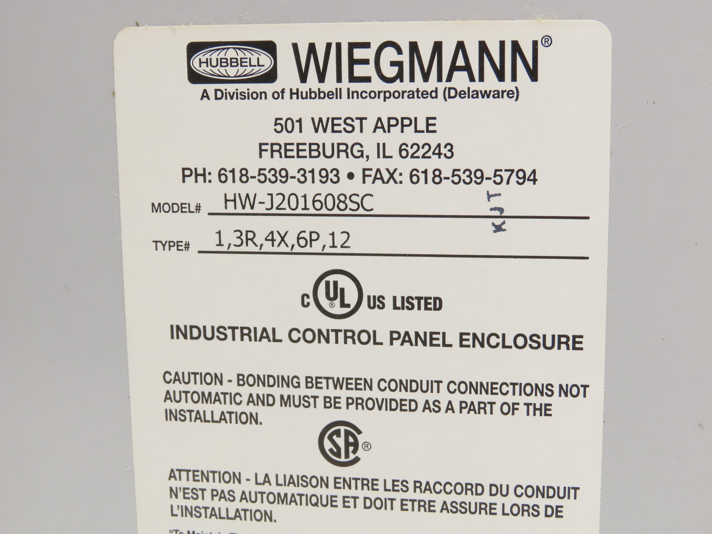 Wiegmann HW-J201608SC Fiberglass Electrical Enclosure Box 20x16x8" 3R Raintight