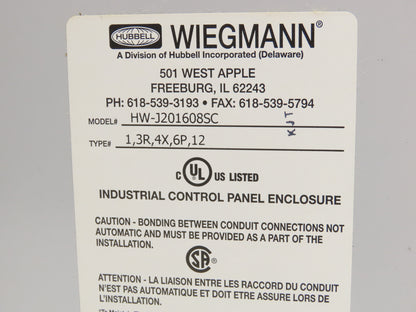 Wiegmann HW-J201608SC Fiberglass Electrical Enclosure Box 20x16x8" 3R Raintight