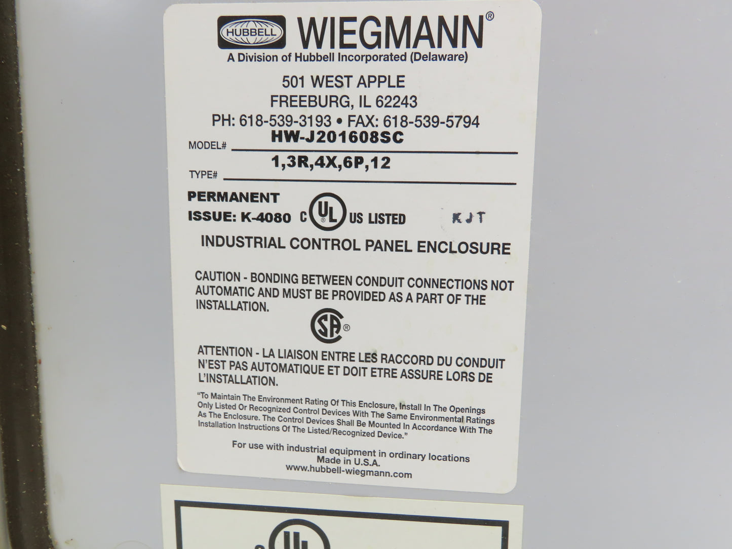 Wiegmann HW-J201608SC Fiberglass Electrical Enclosure Box 20x16x8" 3R Raintight