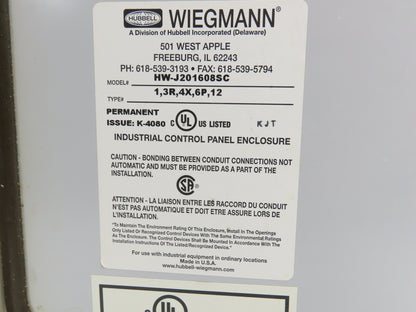 Wiegmann HW-J201608SC Fiberglass Electrical Enclosure Box 20x16x8" 3R Raintight