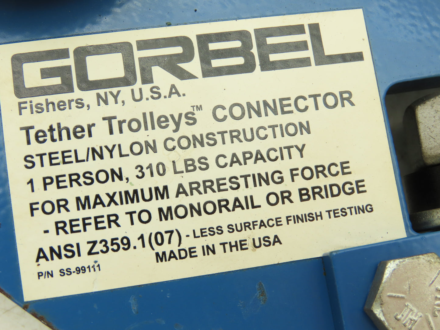 Gorbel Overhead Bridge Crane Tether Trolley 1-Person Fall Protection 310Lb