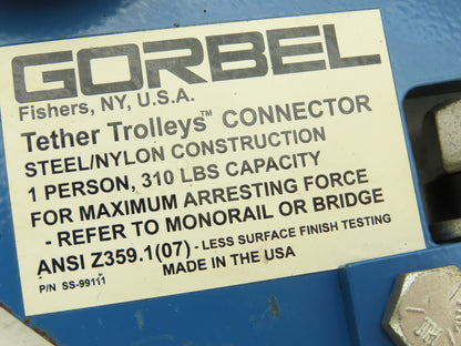 Gorbel Overhead Bridge Crane Tether Trolley 1-Person Fall Protection 310Lb