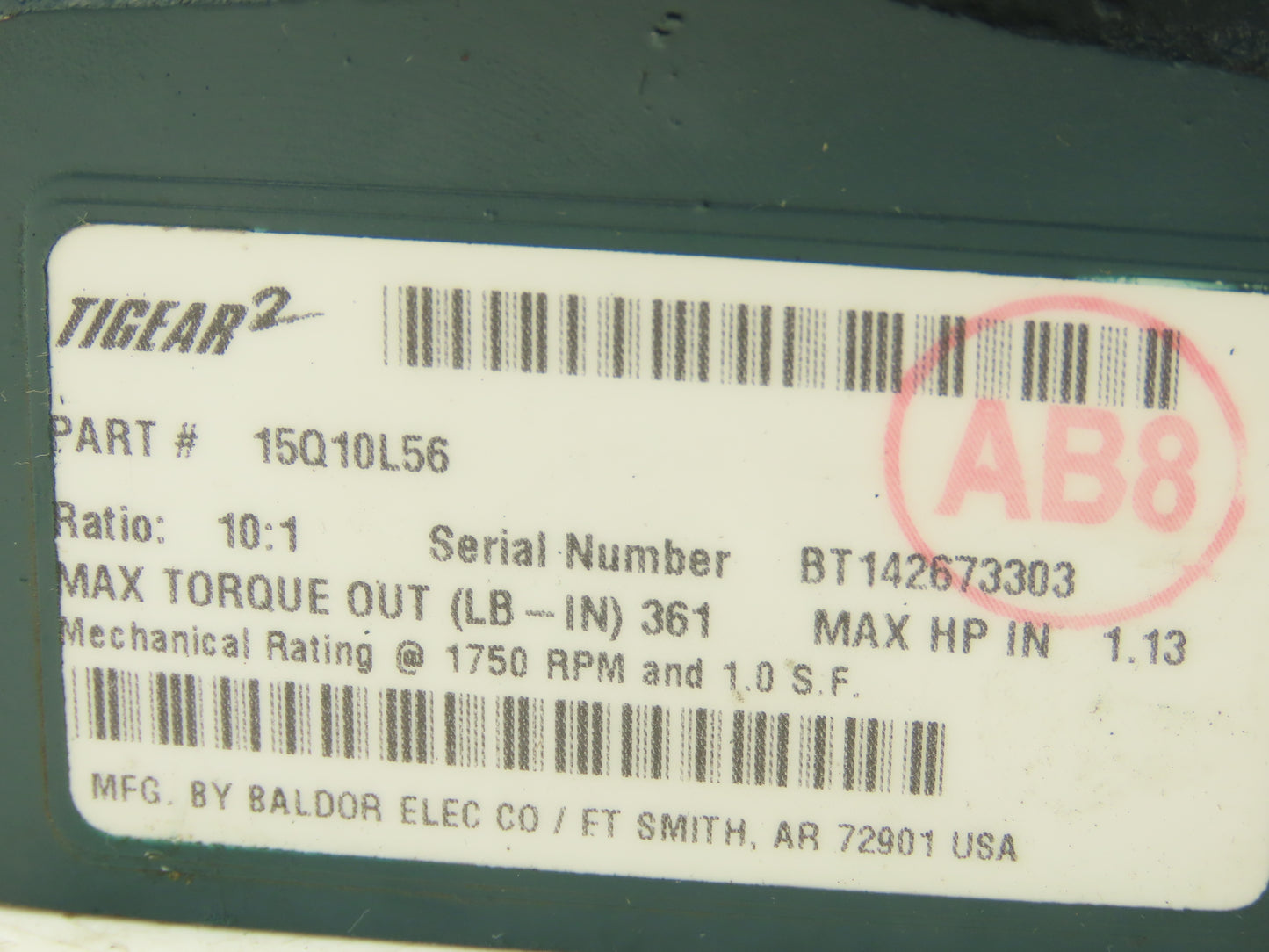 Dodge 15Q10L56 Tigear 2 Worm Gearbox 10:1 Reducer 175rpm 1.13Hp LH 56C