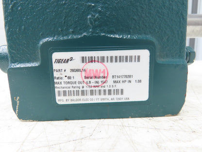 Dodge 26Q60L14 Tigear 2 Worm Gearbox 60:1 Reducer 29rpm 1.08Hp LH 143/145TC