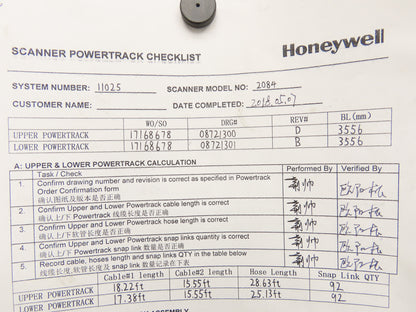 Honeywell 2084 Scanner Upper Powertrack Cable Assembly 11025/08721300
