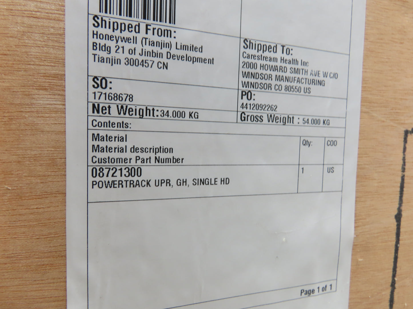 Honeywell 2084 Scanner Upper Powertrack Cable Assembly 11025/08721300