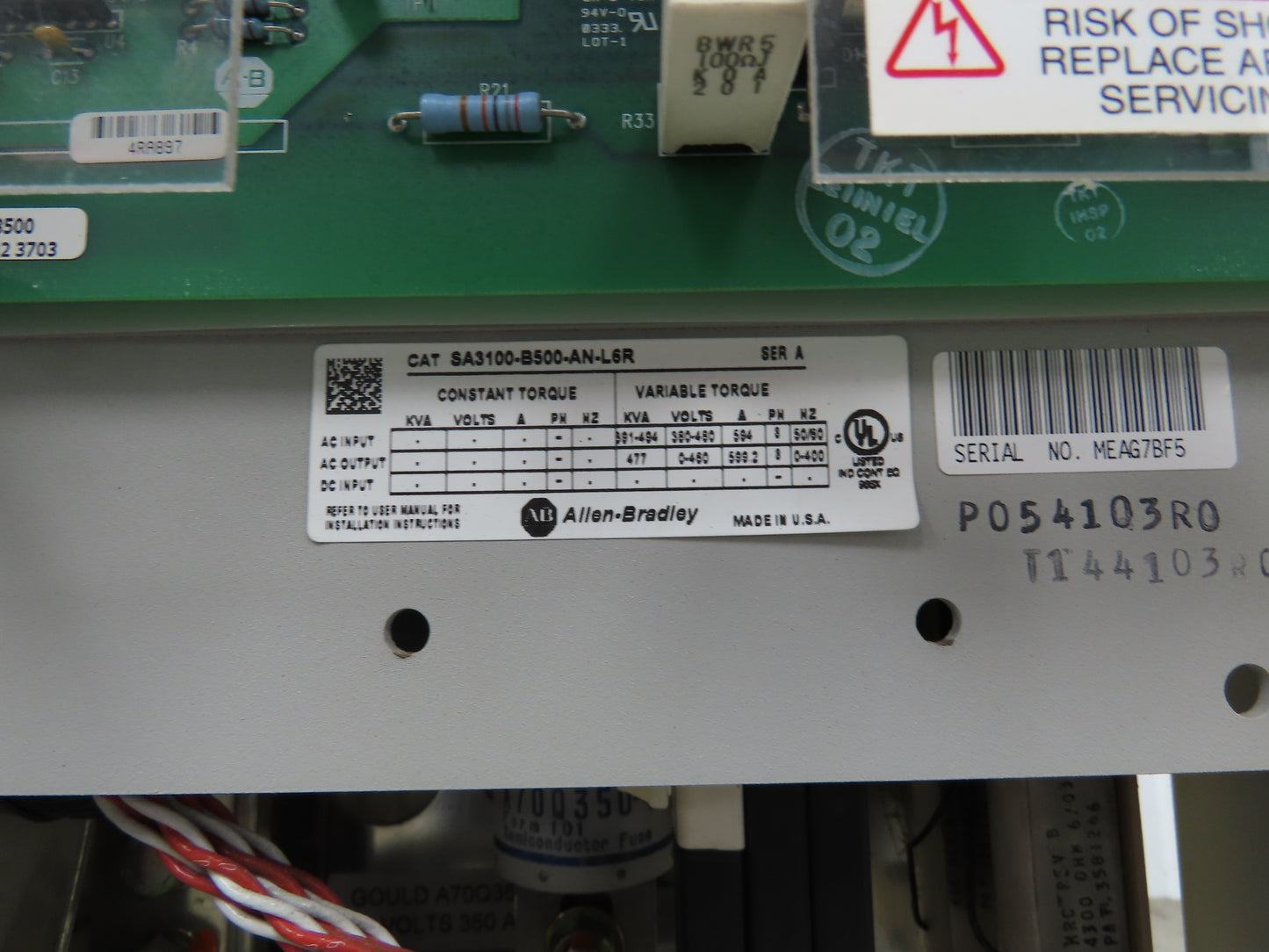 Allen Bradley SA3100-B500-AN-L6R AC Drive VFD 500Hp 460V Ser A 3Ph With Frame