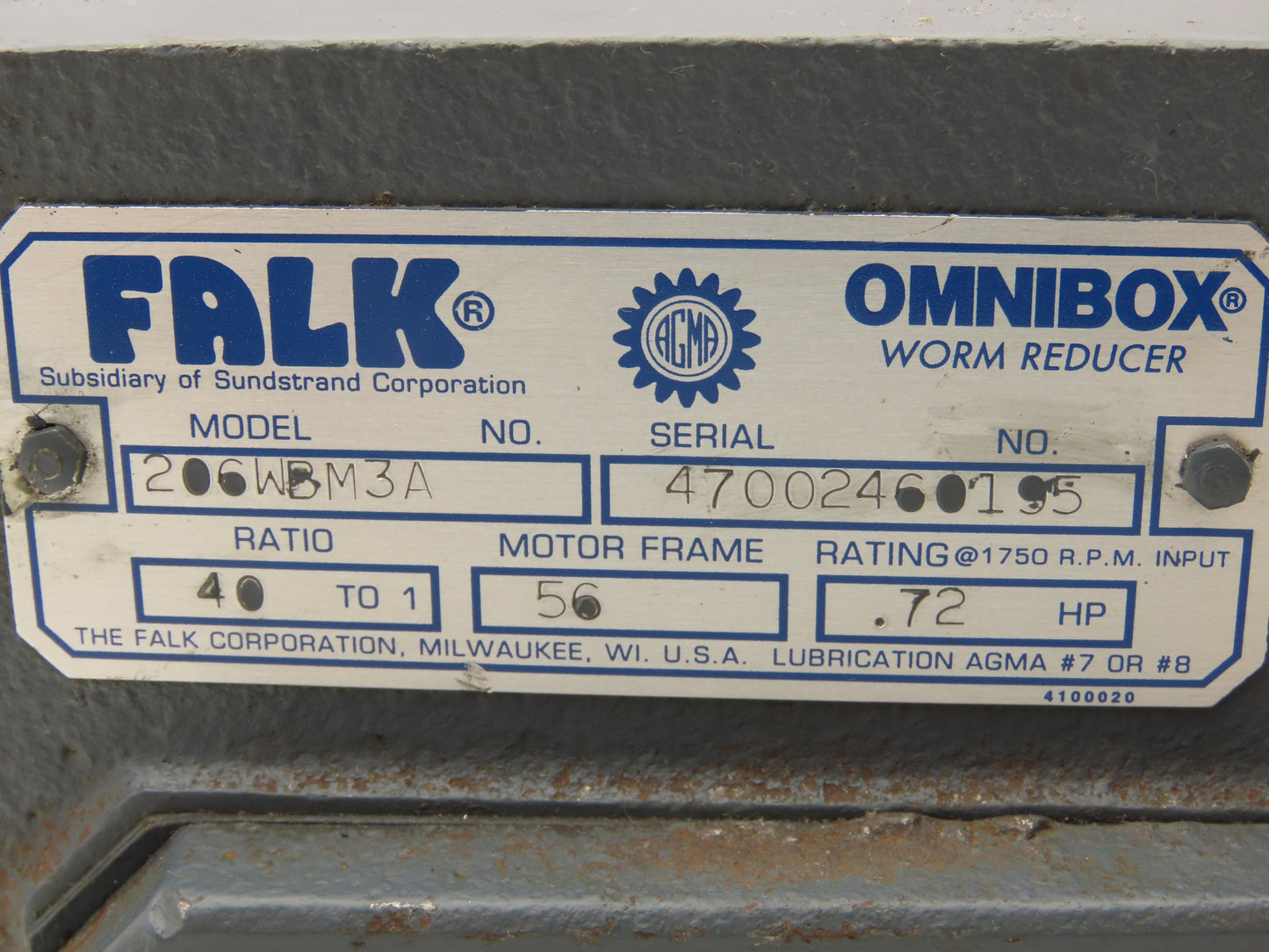 Falk 206WBM3A Worm Gearbox 40:1 Reducer 44rpm 0.72Hp RH 56C