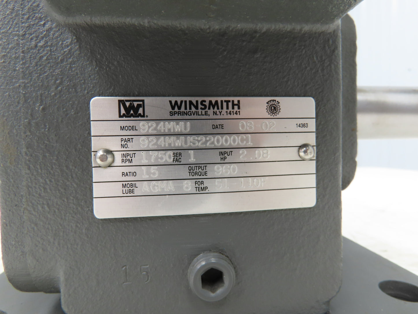 Winsmith 924MWUS22000C1 Worm Gearbox 15:1 Reducer 2.08Hp 117 RPM Dual Shaft 145T