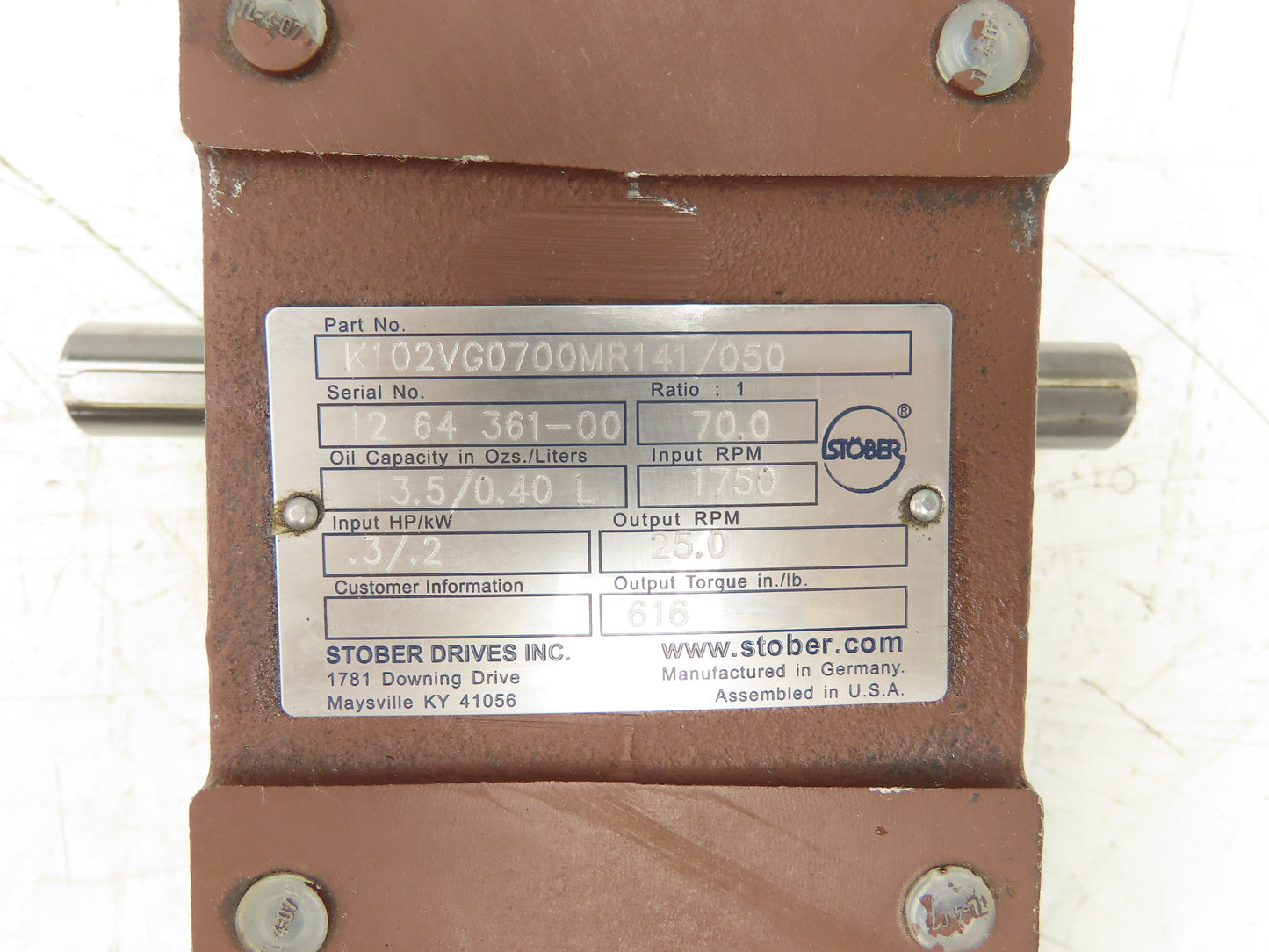 Stober drives K102VG0700MR141/050 Worm Gearbox 70:1 Reducer 0.3Hp 25rpm 145T