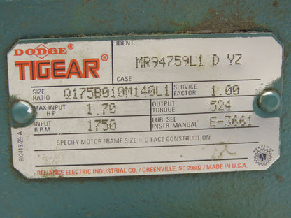 Dodge Tigear Q175B010M140L1 Worm Gearbox 10:1 Reducer 1.7Hp 175rpm 140TC RH