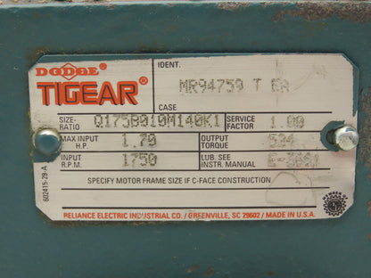 Dodge Tigear Q175B010M140K1 Worm Gearbox 10:1 Reducer 1.7Hp 175rpm 140TC LH
