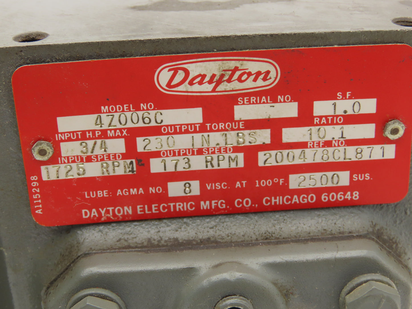 Dayton 4Z006C Worm Gearbox 10:1 Reducer 173rpm 3/4Hp 56C Dual Output