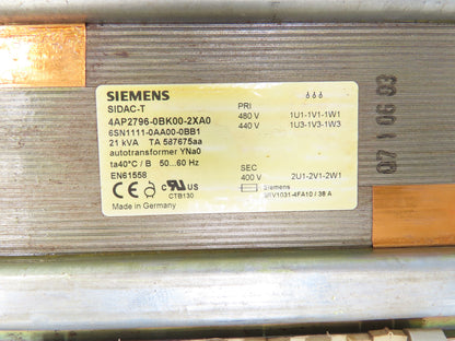 Siemens 6SN1111-0AA00-0BB1 Transformer 21kVA 440/480V Primary 400V Secondary