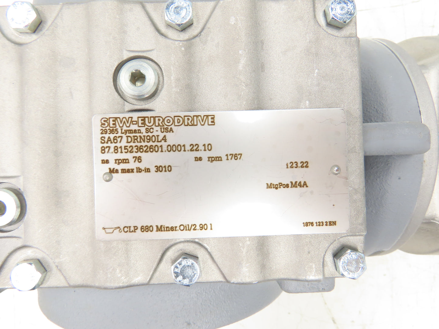 Sew Eurodrive SA67 DRN90L4 Gearmotor 23.22 Ratio 76rpm 2Hp 230/460V Hollow Shaft