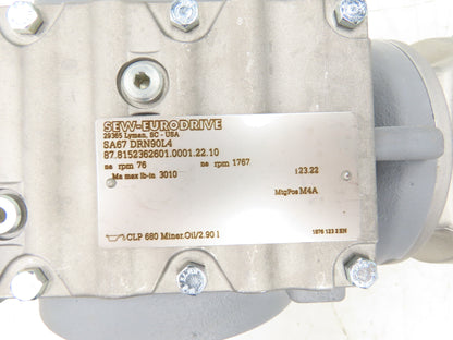Sew Eurodrive SA67 DRN90L4 Gearmotor 23.22 Ratio 76rpm 2Hp 230/460V Hollow Shaft